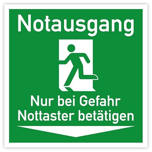 Aufkleber Rettungszeichen "Notausgang Nur bei Gefahr Nottaster betätigen" Symbol Schild Folie selbstklebend ähnl. ISO 7010 | 5-40cm Made in Germany, Größen Name: 10x10cm von MBS-SIGNS