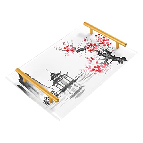 Japanische Kirschblüten Badezimmer Waschtisch Tablett für Arbeitsplatte dekorative Tabletts mit Griffen Acryl Serviertablett für Wohnzimmer Küche Kommode Tops Home Decor von MCHIVER