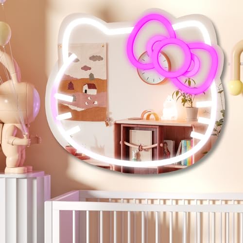 MCJSGSP Anime Hello Kit Cat Neon Sign Mirror L16.1 W14 Vanity Mirror with Lights Bedroom Wall Mirror for Pink Room Decor and a Makeup Mirror with Lights Teen Girl Gifts von MCJSGSP