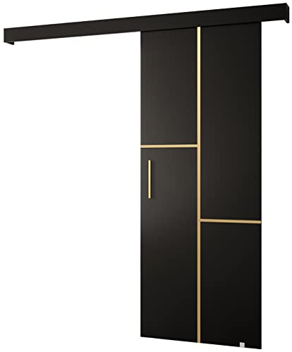 KRYSPOL Schiebetürsystem Salwador 7 Komplett-Set für Schiebetüren, Trennwände Innentüren, Modern Design (schwarz matt/Gitter: schwarz matt/Griff und Streife: Gold) von MEBLE KRYSPOL