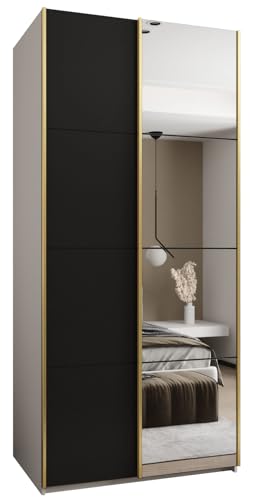 MEBLE KRYSPOL LUX 3 Eleganter 2-türiger Schwebetürenschrank mit Spiegel an der Tür - Leise schließend - HETTICH Topline L System - 245,5x110x64cm - Weiß, Schwarz, Gold von MEBLE KRYSPOL