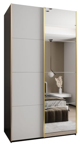 MEBLE KRYSPOL LUX 3 Eleganter 2-türiger Schwebetürenschrank mit Spiegel an der Tür - Leise schließend - HETTICH Topline L System - 245,5x140x64cm - Schwarz, Weiß, Gold von MEBLE KRYSPOL