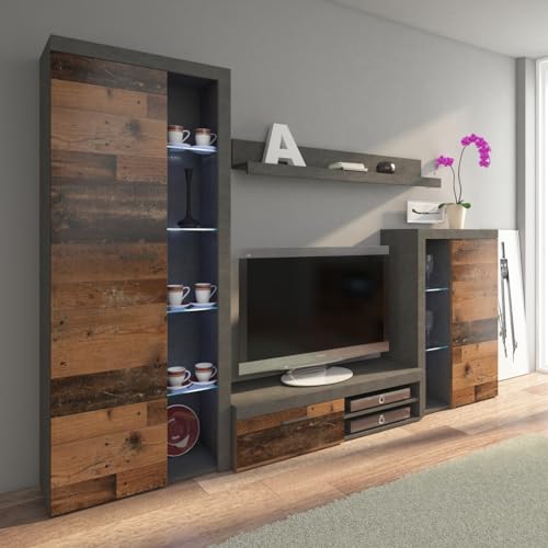 MEBLINE Wall Unit Rumba – Wohnwand Wohnzimmer RGB – Wohnzimmer Möbel – Wohnwand Modern – Lowboard Wohnzimmer – Wohnzimmer Schrankwand – Wohnzimmer Möbel Modern von MEBLINE