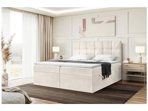 MEBLINI Boxspringbett mit Bettkasten - Gepolstert Doppelbett mit Matratze und Topper - Polsterbett mit Stauraum - Bett mit Kopfteil - Kai - 200x200 - H3/Creme Samt von MEBLINI