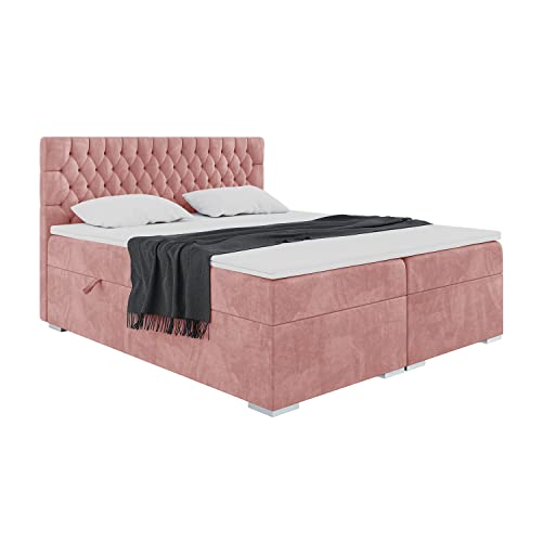 MEBLINI Boxspringbett mit Bettkasten - Gepolstert Doppelbett mit Matratze und Topper - Polsterbett mit Stauraum - Bett mit Kopfteil - Stauraumbett - Dalia - 140x200 - H3/Rosa Samt von MEBLINI