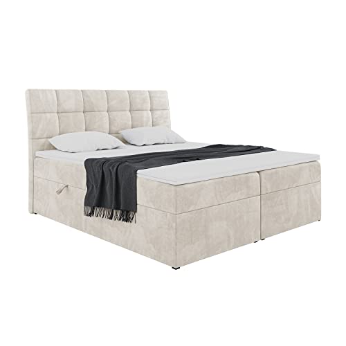 MEBLINI Boxspringbett mit Bettkasten - Gepolstert Doppelbett mit Matratze und Topper - Polsterbett mit Stauraum - Bett mit Kopfteil - Stauraumbett - Drago - 180x200 - H4/Creme Samt von MEBLINI