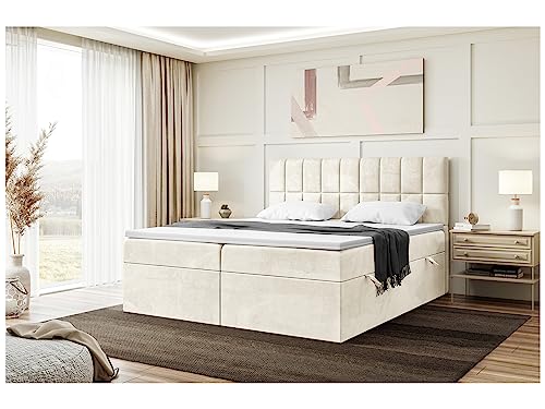 MEBLINI Boxspringbett mit Bettkasten - Gepolstert Doppelbett mit Matratze und Topper - Polsterbett mit Stauraum - Bett mit Kopfteil - Stauraumbett - Lukas - 180x200 - H3/Creme Samt von MEBLINI