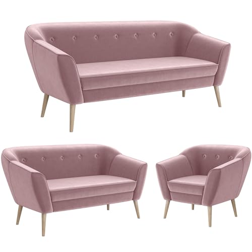 MEBLINI Mini Sofa Set 3-2-1 für Wohnzimmer - Mini Lounge für sechs Personen - Küchensofa - Sofa Klein - Sitzgarnitur - Polstergarnitur - Sofagarnituren - Doris - 3+2+1 - Rosa Samt von MEBLINI