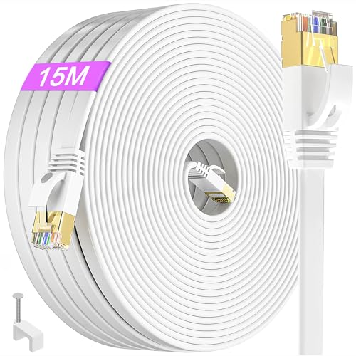 Lan Kabel 15 Meter Cat 7, Flach Netzwerkkabel Dünn 15m Weiß Wlan Kabel High Speed Lankabelverlaengerung Gigabit Ethernet Kabel Weiss RJ45 Internetkabel 10Gbps 600MHz Patchkabel für Router Modem von MEIPEK