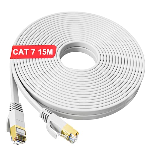 LAN Kabel 15 meter Weiß, Cat 7 Flach Netzwerkkabel 15m, Hochgeschwindigkeits Gigabit Ethernet Kabel Weiss RJ45 Internet Kabel, 600MHZ Schirmung Patchkabel für Router Switch Modem PS5 Xbox One von MEIPEK