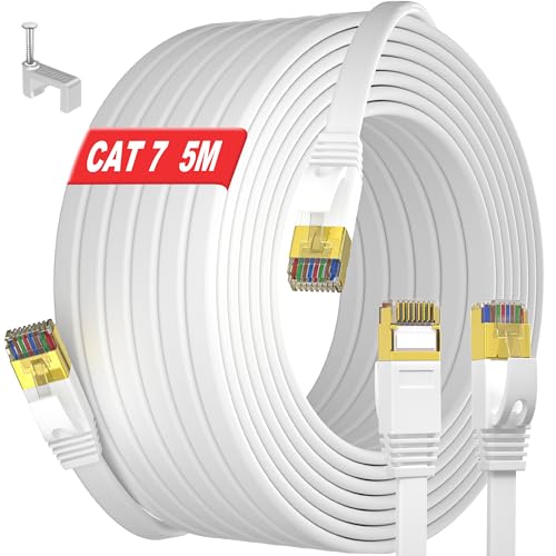 LAN Kabel 5 meter weiß, Cat 7 Flach Netzwerkkabel 5m, RJ45 Gigabit Hochgeschwindigkeits Ethernet Kabel, FTP Geschirmtes Internet Kabel, 600Mhz Breitband Patchkabel für Switch Router Modem Xbox PS5 von MEIPEK