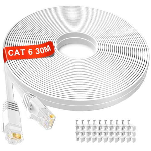 LAN Kabel 30 meter Weiß, Lang Netzwerkkabel Flach, Hochgeschwindigkeits Gigabit Ethernet Kabel, Cat6 RJ45 Weiss Internet Patchkabel für Router, Switch, Modem, Laptop, PS5, PS4, Smart TV, Xbox One von MEIPEK