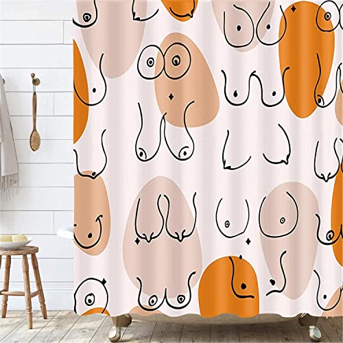 MEKPAM Lustiger Menschlicher Körper Duschvorhang Badezimmerdekor Mädchen Frau Brust Boob Badezimmervorhang Orange Rosa Stoff Duschvorhang Sets 180X180cm von MEKPAM