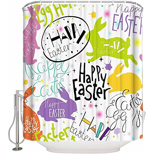 MEKPAM Oster Duschvorhang Set Mit Haken Osterhase Ei Cartoon Abstrakte Kunst Frühlingsferien Badezimmerdekoration Wasserdichter Polyesterstoff Badezimmer Badevorhang 180X180cm von MEKPAM