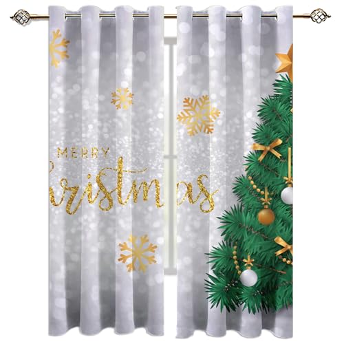 MELABE Grüner Weihnachtsbaum Vorhang Blickdicht, weiße Schneeflocken Thermo Gardinen mit Ösen, Verdunklungsvorhang Ösenschal für Wohnzimmer Kinderzimmer Schlafzimmer 2 x 58.5B x 137H cm von MELABE