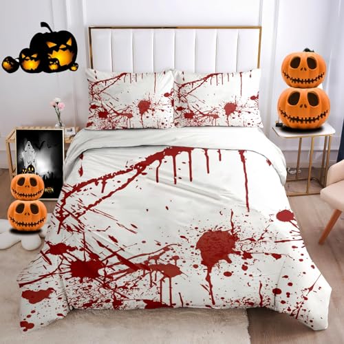 MELABE Halloween-Thema Kinder Bettwäsche, Rot-weißer Horror 3D Druck 3 teilig, Bettwäsche-Sets 100% Mikrofaser mit Reißverschluss Jungen Mädchen Soft Bettbezug mit 2 Kissenbezug 155 x 220 cm von MELABE