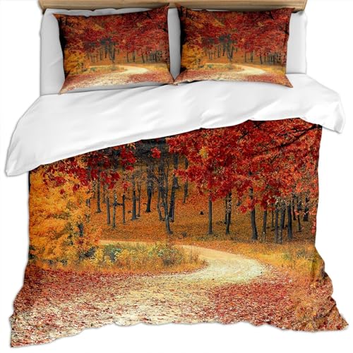 MELABE Herbstlicher roter Ahornwald Bettbezug 3 Teilig Straßenlaubbäume Pflegeleicht Antiallergisch Weich und Glatt mit Kissenbezügen 80x80cm Atmungsaktive Kuschelige Bettwäsche Sets 135 x 200 cm von MELABE