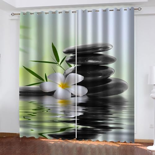 MELABE Zen-Stein Vorhänge, Weiße Blume 3D Gardinen Wohnzimmer Drucken Verdunkelungsvorhänge, Vorhang Blickdicht mit Ösen Gardine Schlafzimmer Deko 2 x 58.5B x 137H cm von MELABE