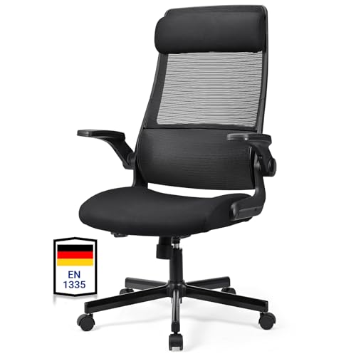 MELOKEA Bürostuhl Ergonomisch, Schreibtischstuhl aus Mesh mit Hochklappbaren Armlehnen, Computer Drehstuhl mit Verstellbare Kopfstütze und S-förmige Lendenwirbelstütze, EN 1335 Office Chair (Schwarz) von MELOKEA