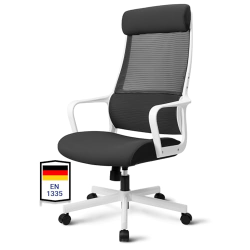 MELOKEA Ergonomischer Bürostuhl, Schreibtischstuhl mit Verstellbarer Kopfstütze und Höhenverstellbarem Bürostuhl, Elastische S-förmige Lendenwirbelstütze Mesh Stuhl EN 1335, Bürostuh 150kg, Schwarz von MELOKEA