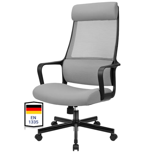 MELOKEA Schreibtischstuhl, Bürostuhl Ergonomisch, Drehstuhl Wippfunktion mit Verstellbare Kopfstütze | Armlehne | Höhenverstellung | Hoher Rückenschonend, EN 1335 Chair, Chefsessel 150KG, Grau von MELOKEA