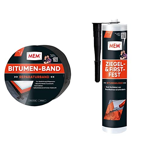 MEM Bitumen-Band, Selbstklebendes Dichtungsband, UV-beständige Schutzfolie, 1,5 mm, 7,5 cm x 10 m, Schwarz & Ziegel- und Firstfest, Lösemittelfreier Bitumenkaltklebestoff, Dunkelbraun, 445 g von MEM