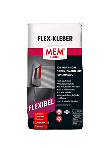 MEM Flex-Kleber - 25 KG - Ein flexibler Dünnbettmörtel - Dauernass - Frostbeständig und von hoher Verformbarkeit - Für Untergründe aus Beton, Zement-, Kalk- und Gipsputz - 30822618 von MEM