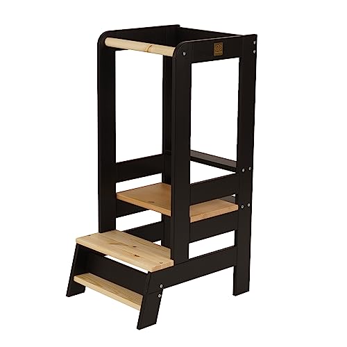 MEOWBABY Lernturm für Kinder - Baby Montessori Verstellbar Learning Tower aus Natur Holz, Kleinkind Stabil Lernstuhl für Küche, Babys Sicher und Praktisch Küchenturm, Schwarz-Natur von MEOWBABY