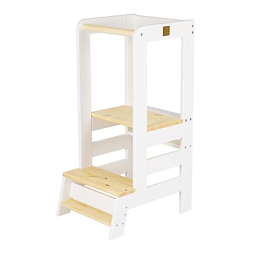 MEOWBABY Lernturm für Kinder - Baby Montessori Verstellbar Learning Tower aus Natur Holz, Kleinkind Stabil Lernstuhl für Küche, Babys Sicher und Praktisch Küchenturm, Weiß-Natur von MEOWBABY