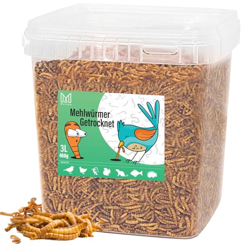 MERSJO Mehlwürmer Getrocknet - 460g 3L - Natürliches Vogelfutter Wildvögel Ganzjährig, Fischfutter Teich, Hoch in Protein, Omega-3-Fettsäuren, Geruchsneutral, Geringer Feinstaub Gehalt von MERSJO