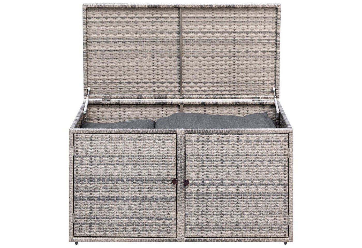 MERXX Kissenbox RIVA (1 St), Große Funktions-Auflagenbox, Maße 120x60x64cm. Die Truhe besteht aus einem stabilen Metallgestell mit Polyrattanbespannung, Farbe grau von MERXX