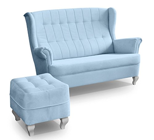 Ohrensofa mit Hocker 2er 2-Sitzer Couch Stoffsofa Ohrensessel 3er Sofa Blau Stanford (Blau) von MEUBLO