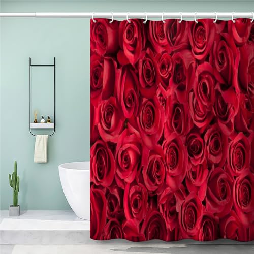 MEVASA Duschvorhang 240x200 Anti Schimmel Lang Duschvorhang Rosen Rote Blume Duschvorhang Set mit 12 Ringe Extra Breit Duschvorhang Wasserdicht Waschbar von MEVASA