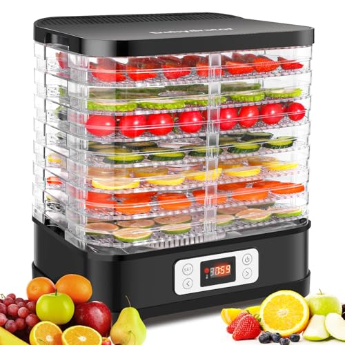 MEYKEY Dörrautomat Edelstahl, Dörrgerät mit 8 Einlegefächer 400W, Trockner für Obst, Fleisch & Kräuter inkl. Antihaft Silikon Dehydrator Blätter, 30-70°C, 72h-Timer von MEYKEY