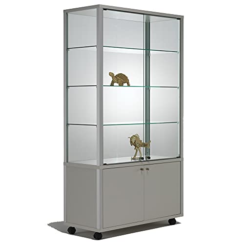 MHN Glasvitrine mit Rollen T 43 x B 79 x H 183 cm - breite Ausstellungs-Vitrine mit Unterschrank abschließbar - Glas Vitrinenschrank - LED-Beleuchtung von MHN