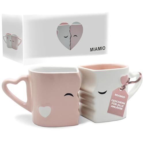 MIAMIO - Kaffeetassen/Küssende Tassen Set Geschenke für Frauen/Männer/Freund/Freundin zur Hochzeit/Weihnachten aus Keramik (Rosa) von MIAMIO