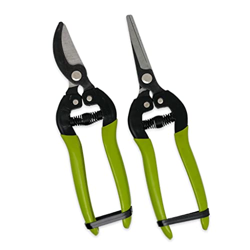 2-tlg Set handliche Gartenschere Pflanzenschere Baumschere Bypass-Schere für frische Äste und Zweige, Stahl-Klingen, gummierte Griffe, Länge: 18-19 cm, Schwarz/Grün von MIJOMA