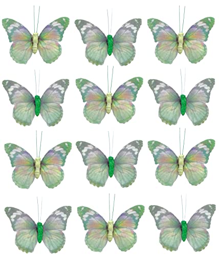 Deko-Schmetterlinge mit Metalldraht zum Stecken und Binden, zur farbenfrohen Dekoration Tischdekoration Blumengesteck Blumenkranz (9 x 7 cm, grün) von MIJOMA