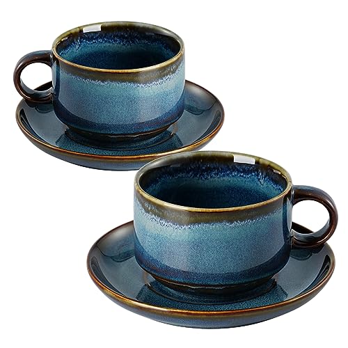 MIKIGEY Ceramics Cappuccino-Tassen mit Sacuer, 295 ml, 2 Stück, Kaffeetasse für Au Lait, Latte, Tee, Mokka, 2er-Set, Geschirrspüler und Mikrowelle, reaktives Blau von MIKIGEY