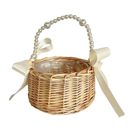 2-teiliges Blumenmädchen-Korb-Set für Hochzeiten, Rattan-Blumenkorb mit Perlengriff, Blumenkörbe mit Schleife, Aufbewahrungskorb für Süßigkeiten, Rattan-Box, Heimdekoration von MINGZHE