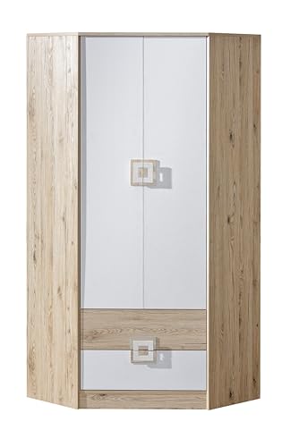 MINIO - Eckschrank 87 x 190 x 87 cm Nimes, Eckkleiderschrank mit 2 Türen, 2 Schubladen, 1 Kleiderstange, 3 Einlegeböden, Eckkleiderschrank Weiß/Eiche Hell von MINIO go for it