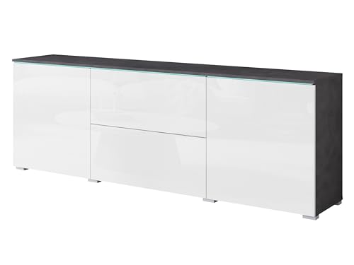 MINIO go for it - Kommode mit Schubladen und Türen Veve, Sideboard Wohnzimmer Schlafzimmer 180 cm Breit, Kommode Matera Graphite Farbe/Weiss Hochglanz, Ohne LED-Beleuchtung MINIO go for it - Kommode mit Schubladen und Türen Veve, Sideboard Wohnzimmer Schlafzimmer 180 cm Breit, Kommode Matera Graphite Farbe/Weiss Hochglanz, Ohne LED-Beleuchtung von MINIO go for it
