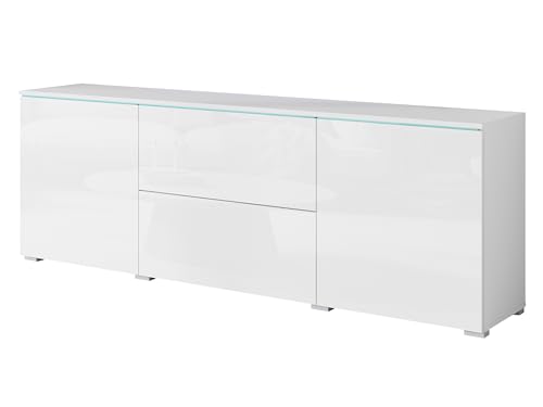 MINIO go for it - Kommode mit Schubladen und Türen Veve, Sideboard Wohnzimmer Schlafzimmer 180 cm Breit, Kommode Weiss matt/Weiss Hochglanz, mit LED-Beleuchtung MINIO go for it - Kommode mit Schubladen und Türen Veve, Sideboard Wohnzimmer Schlafzimmer 180 cm Breit, Kommode Weiss matt/Weiss Hochglanz, mit LED-Beleuchtung von MINIO go for it
