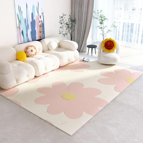 MINTIFNT Schlafzimmer Teppich Niedliche Blumen Mädchen Schlafzimmer Wohnzimmer Teppiche Antirutsch Bodenmatte Waschbar Teppich Groß Schwarz Weiß von MINTIFNT