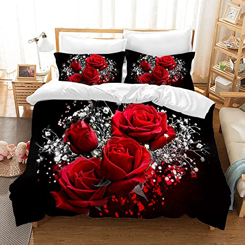 MIQEBX Mädchen Rosa Bettwäsche Bunte Blumen Bettwäsche Rote Rose Bedruckte Bettwäsche Tröster Set 3D Romantische Blume Bettbezug, Mikrofaser Bettbezug Mit Reißverschluss (Rosen, 135X200cm) von MIQEBX
