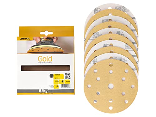 Mirka Gold Universal-Schleifpapier Ø 150mm Schleifscheiben Klett 15-Loch, Korn P120, 10 Stk / Zum Schleifen von Gips, Spachtel, Spanplatten, Holz, Lack von MIRKA