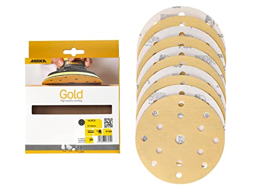 Mirka Gold Universal-Schleifpapier Ø 150mm Schleifscheiben Klett 15-Loch, Korn P180, 10 Stk / Zum Schleifen von Gips, Spachtel, Spanplatten, Holz, Lack von MIRKA