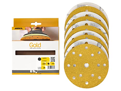 Mirka Gold Universal-Schleifpapier Ø 150mm Schleifscheiben Klett 15-Loch, Korn P60, 10 Stk / Zum Schleifen von Gips, Spachtel, Spanplatten, Holz, Lack von MIRKA