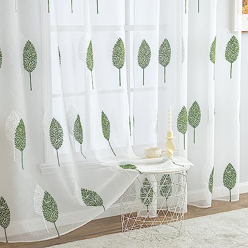 MIULEE Gardinen Transparent mit Grün und Weiß Blätter Muster, Ösen Gardinen 200 cm Hoch, Modern Gardinen Wohnzimmer 2er Set, Stickerei Fenster Ösenvorhang Kurze, Schlafzimmer Gardinen von MIULEE