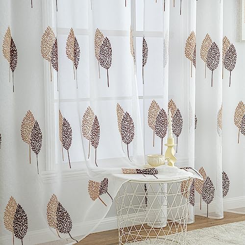 MIULEE Gardinen Transparent mit Kaffee und Braun Blätter Muster, Ösen Gardinen 160 cm Hoch, Modern Gardinen Wohnzimmer 2er Set, Stickerei Fenster Ösenvorhang Kurze, Schlafzimmer Gardinen von MIULEE